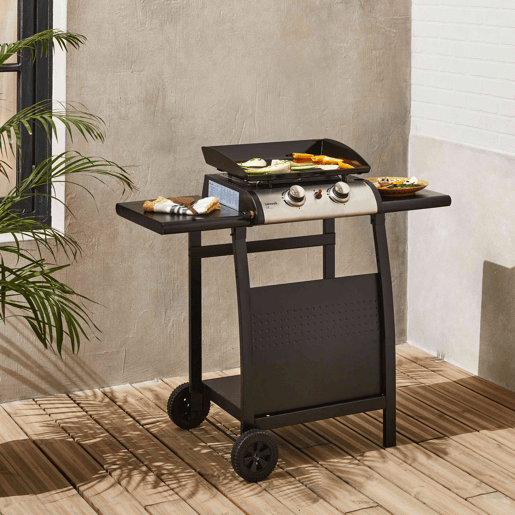 Grelhador a gás 2 queimadores inox 5kW com carrinho, Plancha Porthos 2 brûleurs + chariot, Preto, 107x55x106 cm