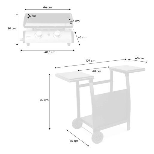 Grelhador a gás 2 queimadores inox 5kW com carrinho, Plancha Porthos 2 brûleurs + chariot, Preto, 107x55x106 cm