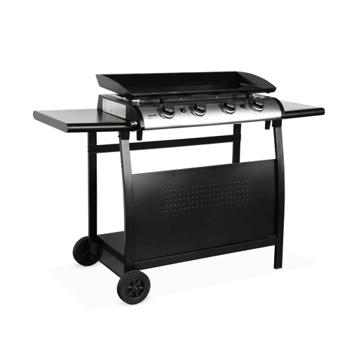 Grelhador a gás 4 queimadores inox 10kW com carrinho, Plancha Porthos 4 brûleurs + chariot, Preto, 139x55x106 cm