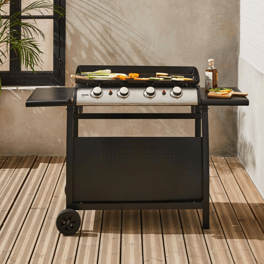 Grelhador a gás 4 queimadores inox 10kW com carrinho, Plancha Porthos 4 brûleurs + chariot, Preto, 139x55x106 cm