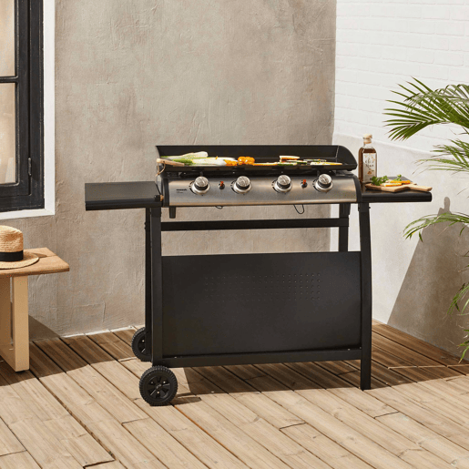 Grelhador a gás 4 queimadores inox 10kW com carrinho, Plancha Porthos 4 brûleurs + chariot, Preto, 139x55x106 cm