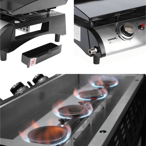 Grelhador a gás 4 queimadores inox 10kW com carrinho, Plancha Porthos 4 brûleurs + chariot, Preto, 139x55x106 cm