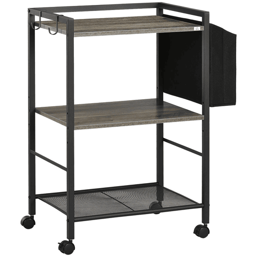 HOMCOM Carrinho Auxiliar com Rodas Carrinho de Armazenamento de 3 Níveis com Bolsa de Tecido 2 Ganchos e Estrutura de Aço para Sala de Estar Cozinha Escritório 66x40x80,5cm Cinza