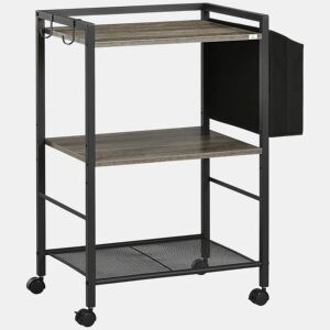 HOMCOM Carrinho Auxiliar com Rodas Carrinho de Armazenamento de 3 Níveis com Bolsa de Tecido 2 Ganchos e Estrutura de Aço para Sala de Estar Cozinha Escritório 66x40x80,5cm Cinza