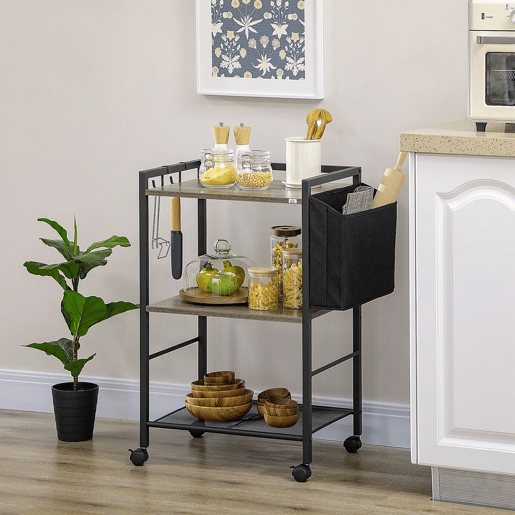 HOMCOM Carrinho Auxiliar com Rodas Carrinho de Armazenamento de 3 Níveis com Bolsa de Tecido 2 Ganchos e Estrutura de Aço para Sala de Estar Cozinha Escritório 66x40x80,5cm Cinza