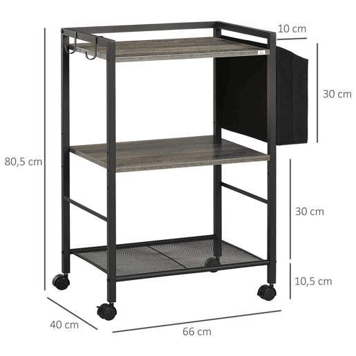 HOMCOM Carrinho Auxiliar com Rodas Carrinho de Armazenamento de 3 Níveis com Bolsa de Tecido 2 Ganchos e Estrutura de Aço para Sala de Estar Cozinha Escritório 66x40x80,5cm Cinza
