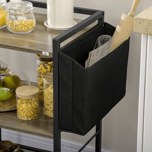 HOMCOM Carrinho Auxiliar com Rodas Carrinho de Armazenamento de 3 Níveis com Bolsa de Tecido 2 Ganchos e Estrutura de Aço para Sala de Estar Cozinha Escritório 66x40x80,5cm Cinza