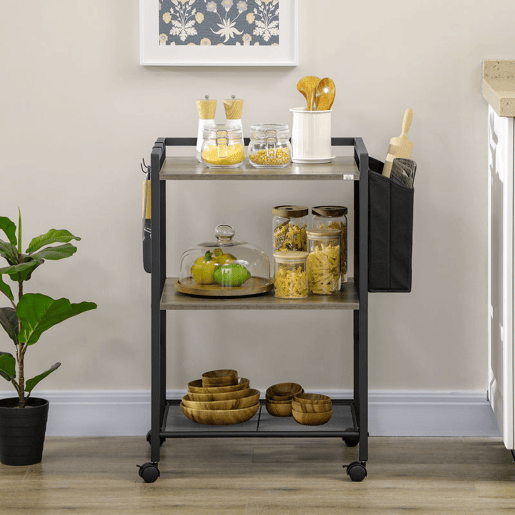 HOMCOM Carrinho Auxiliar com Rodas Carrinho de Armazenamento de 3 Níveis com Bolsa de Tecido 2 Ganchos e Estrutura de Aço para Sala de Estar Cozinha Escritório 66x40x80,5cm Cinza