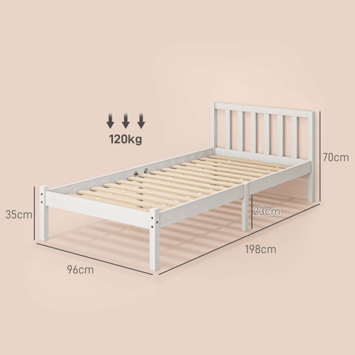 HOMCOM Estrutura de Cama de Madeira Estrado de Cama de Solteiro para Colchão 190x90 cm Carga 120 kg 198x96x70 cm Branco