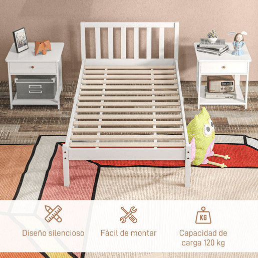 HOMCOM Estrutura de Cama de Madeira Estrado de Cama de Solteiro para Colchão 190x90 cm Carga 120 kg 198x96x70 cm Branco