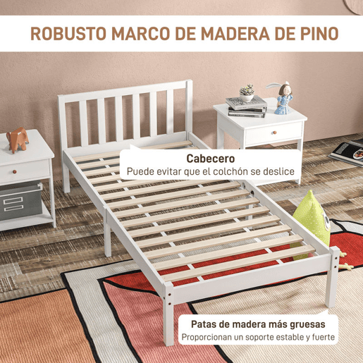 HOMCOM Estrutura de Cama de Madeira Estrado de Cama de Solteiro para Colchão 190x90 cm Carga 120 kg 198x96x70 cm Branco