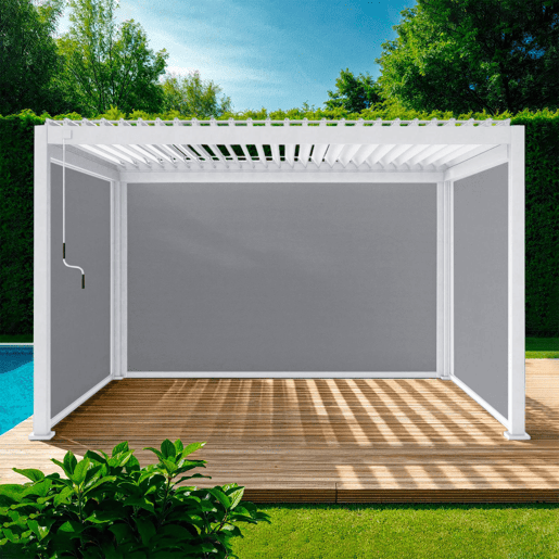 Pérgola bioclimática 3x4m de alumínio + 2 toldos de 3m + 1 toldo de 4m, Triomphe 3x4m + acessórios, Branco, 400x300x250 cm