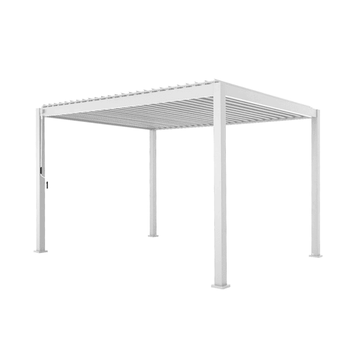 Pérgola bioclimática 3x4m de alumínio + 2 toldos de 3m + 1 toldo de 4m, Triomphe 3x4m + acessórios, Branco, 400x300x250 cm