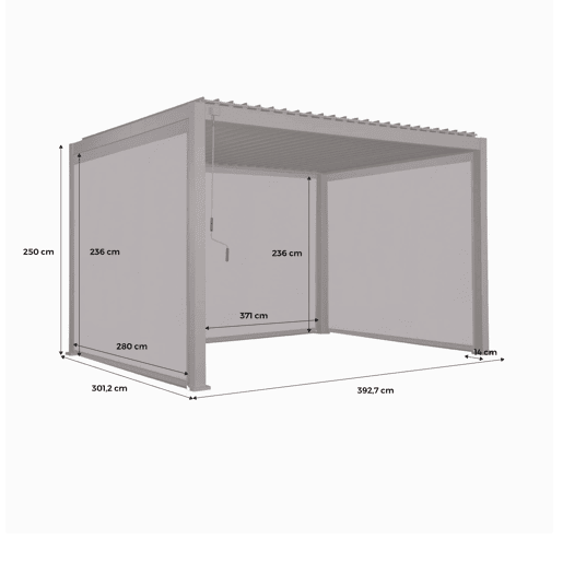Pérgola bioclimática 3x4m de alumínio + 2 toldos de 3m + 1 toldo de 4m, Triomphe 3x4m + acessórios, Branco, 400x300x250 cm
