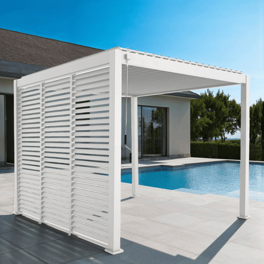Pérgola bioclimática 3x3m de alumínio lâminas orientáveis V2 + 3 persianas, Triomphe 3x3m V2 + acessórios, Branco, 301x301x250 cm Pérgola bioclimática 3x3m de alumínio lâminas orientáveis V2 + 3 persianas, Triomphe 3x3m V2 + acessórios, Branco, 301x301x250 cm