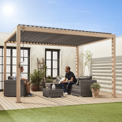 Pérgola bioclimática 3x4m com lâminas ajustáveis, Triomphe 3x4m, Madeira clara, 400x300x240 cm