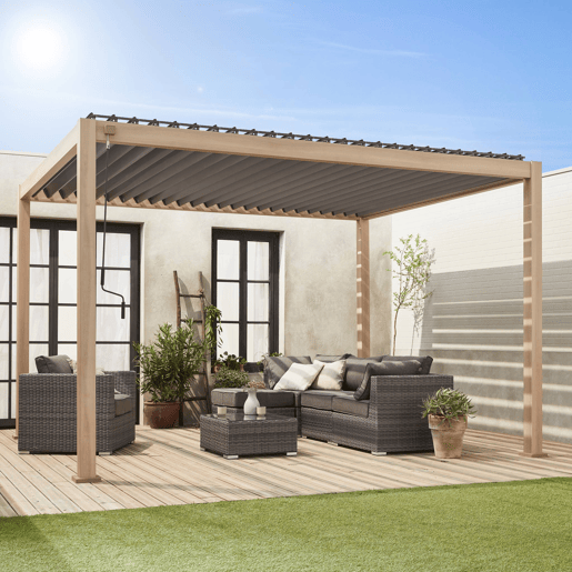 Pérgola bioclimática 3x4m com lâminas ajustáveis, Triomphe 3x4m, Madeira clara, 400x300x240 cm