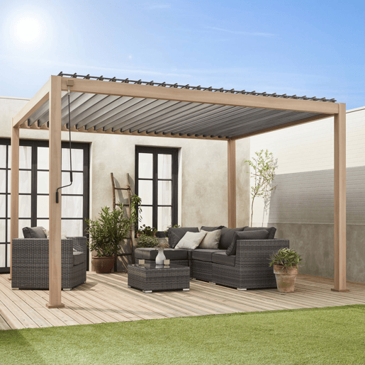 Pérgola bioclimática 3x4m com lâminas ajustáveis, Triomphe 3x4m, Madeira clara, 400x300x240 cm