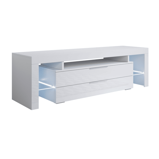 Móvel TV Sala de estar e jantar Branco 160x35x53 2 gavetas LED Selma Muebles Bonitos