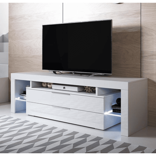 Móvel TV Sala de estar e jantar Branco 160x35x53 2 gavetas LED Selma Muebles Bonitos