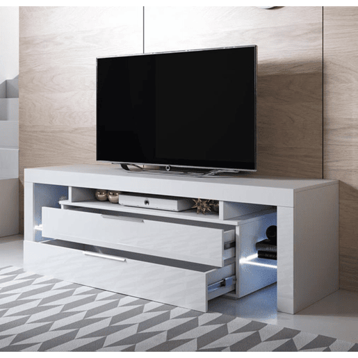 Móvel TV Sala de estar e jantar Branco 160x35x53 2 gavetas LED Selma Muebles Bonitos