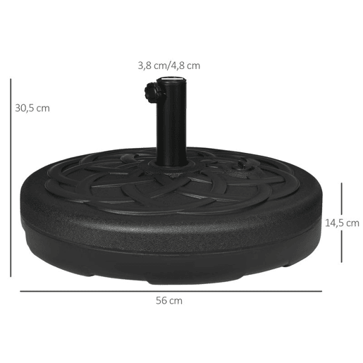 Outsunny Base para Chapéu de Sol de PE Redonda Suporte para Chapéu de Sol 2,5kg Apto para Mastros de 38mm48mm Preenchível com Areia 35kg e Água 25L Ø56x30,5cm Preto