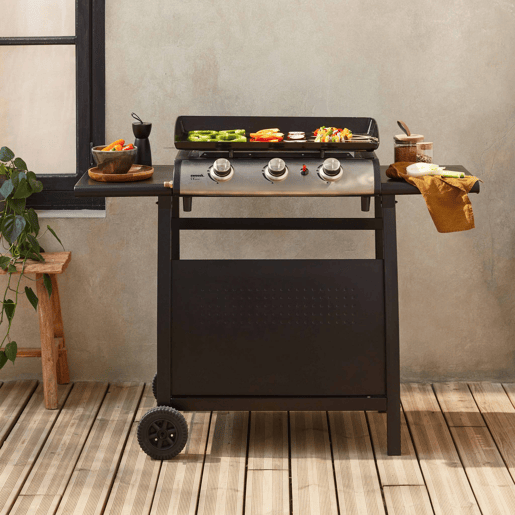 Grelhador a gás 3 queimadores inox 7,5kW com carrinho, Plancha Porthos 3 brûleurs + chariot, Preto, 123x55x106 cm