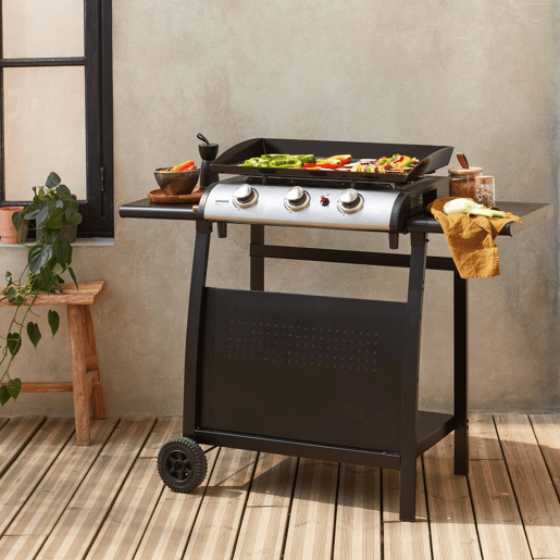 Grelhador a gás 3 queimadores inox 7,5kW com carrinho, Plancha Porthos 3 brûleurs + chariot, Preto, 123x55x106 cm