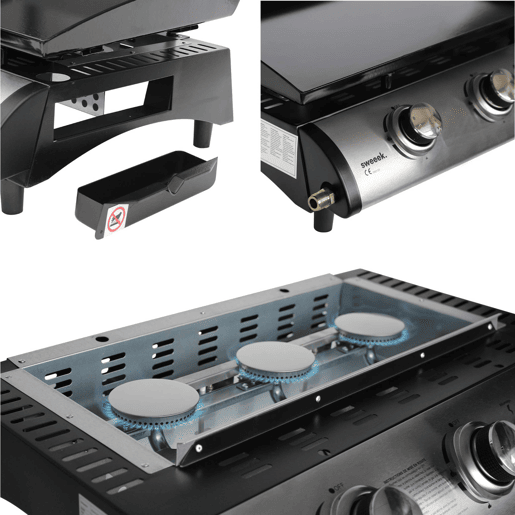 Grelhador a gás 3 queimadores inox 7,5kW com carrinho, Plancha Porthos 3 brûleurs + chariot, Preto, 123x55x106 cm