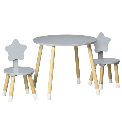 HOMCOM Conjunto de Mesa e 2 Cadeiras de Madeira para Crianças com Mesa Redonda Ø59x50cm e Cadeiras Ø28x51 Mobiliário Infantil para Sala de Jogos Quarto Cinza e Madeira