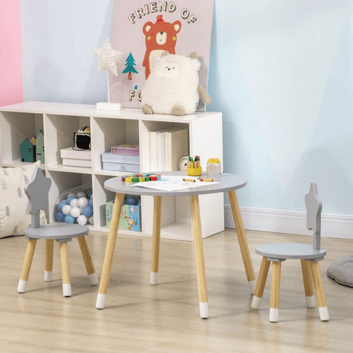 HOMCOM Conjunto de Mesa e 2 Cadeiras de Madeira para Crianças com Mesa Redonda Ø59x50cm e Cadeiras Ø28x51 Mobiliário Infantil para Sala de Jogos Quarto Cinza e Madeira