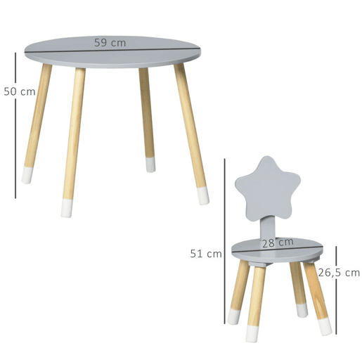 HOMCOM Conjunto de Mesa e 2 Cadeiras de Madeira para Crianças com Mesa Redonda Ø59x50cm e Cadeiras Ø28x51 Mobiliário Infantil para Sala de Jogos Quarto Cinza e Madeira