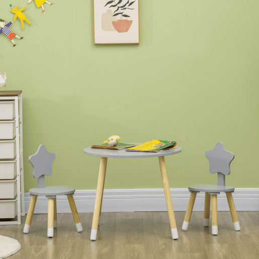 HOMCOM Conjunto de Mesa e 2 Cadeiras de Madeira para Crianças com Mesa Redonda Ø59x50cm e Cadeiras Ø28x51 Mobiliário Infantil para Sala de Jogos Quarto Cinza e Madeira
