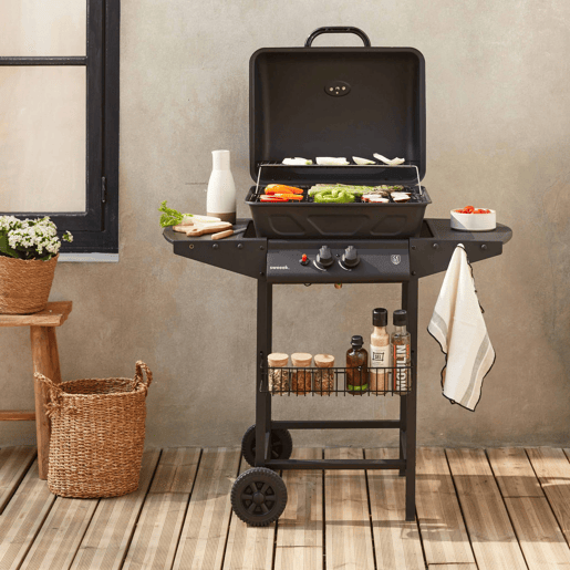 Barbecue a gás de 2 queimadores, Aramis, Preto, 97x54x100 cm
