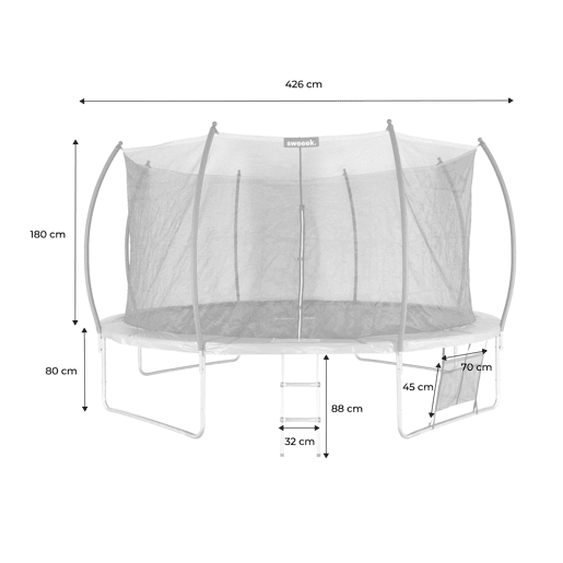 Trampolim 430cm com rede interna e kit de acessórios, Venus Inner XXL, Cinza, 365x365x80 cm