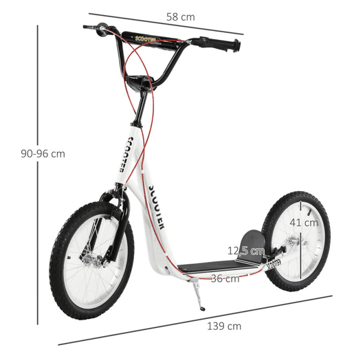 HOMCOM Trotinete para Crianças acima de 5 Anos e Adolescentes com Guiador Ajustável em Altura 2 Pneus de Borracha Insufláveis com Travagem Dupla e Rodas 16 Carga 100 kg 139x58x90-96 cm Branco HOMCOM Trotinete para Crianças acima de 5 Anos e Adolescentes com Guiador Ajustável em Altura 2 Pneus de Borracha Insufláveis com Travagem Dupla e Rodas 16 Carga 100 kg 139x58x90-96 cm Branco