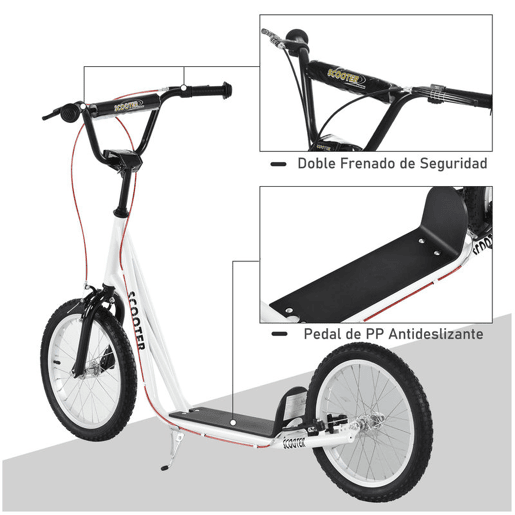 HOMCOM Trotinete para Crianças acima de 5 Anos e Adolescentes com Guiador Ajustável em Altura 2 Pneus de Borracha Insufláveis com Travagem Dupla e Rodas 16 Carga 100 kg 139x58x90-96 cm Branco HOMCOM Trotinete para Crianças acima de 5 Anos e Adolescentes com Guiador Ajustável em Altura 2 Pneus de Borracha Insufláveis com Travagem Dupla e Rodas 16 Carga 100 kg 139x58x90-96 cm Branco