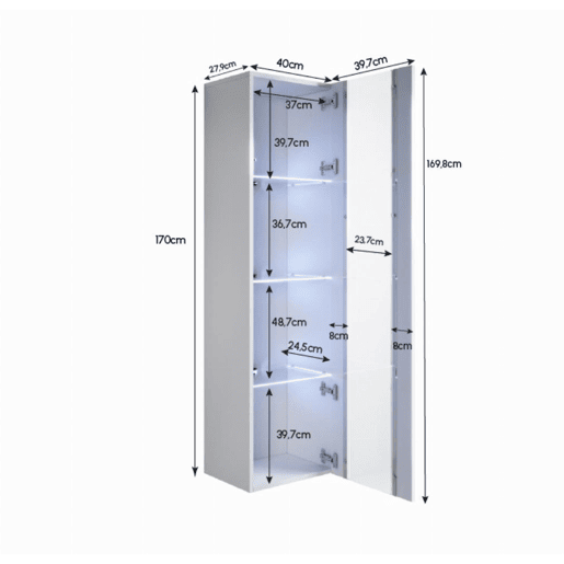Vitrine suspensa Sala de estar e jantar Branco 40x29x170 1 porta LED Nora V5 Muebles Bonitos