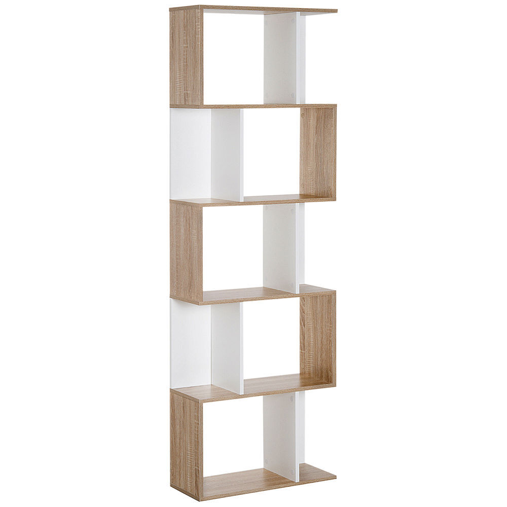 Homcom librería de 5 niveles, estantería para libros en forma de s con 10 estantes, para sala de estar, dormitorio, estudio, oficina, 60x24x184,5 cm, blanco y natural
