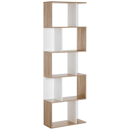 HOMCOM Estante de 5 Níveis, Estante para Livros em Forma de S com 10 Prateleiras, para Sala de Estar, Quarto, Escritório, 60x24x184,5 cm, Branco e Natural