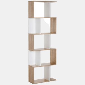 HOMCOM Estante de 5 Níveis, Estante para Livros em Forma de S com 10 Prateleiras, para Sala de Estar, Quarto, Escritório, 60x24x184,5 cm, Branco e Natural