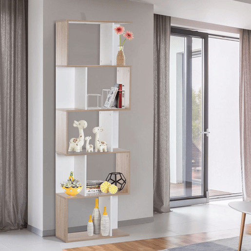 HOMCOM Estante de 5 Níveis, Estante para Livros em Forma de S com 10 Prateleiras, para Sala de Estar, Quarto, Escritório, 60x24x184,5 cm, Branco e Natural