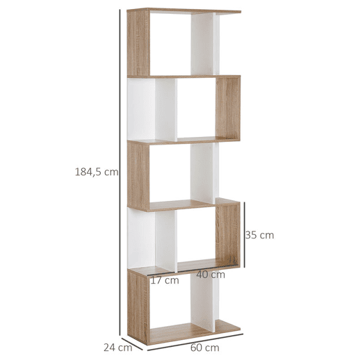 HOMCOM Estante de 5 Níveis, Estante para Livros em Forma de S com 10 Prateleiras, para Sala de Estar, Quarto, Escritório, 60x24x184,5 cm, Branco e Natural