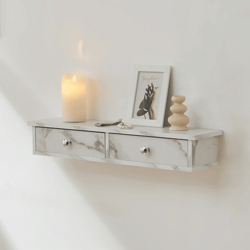 Prateleira de parede Geeste com 2 gavetas 60x15x10cm Mármore branco en.casa