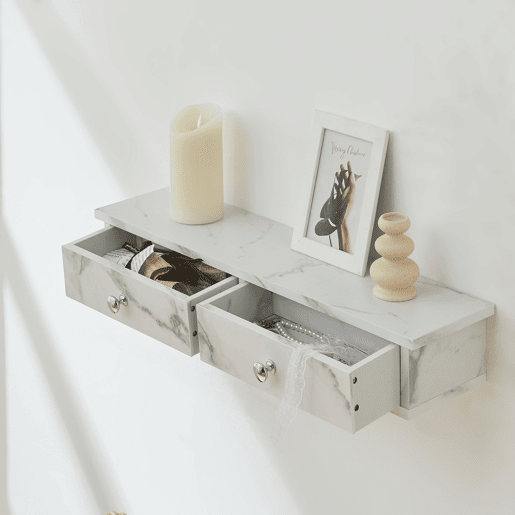 Prateleira de parede Geeste com 2 gavetas 60x15x10cm Mármore branco en.casa