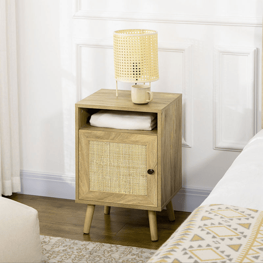 HOMCOM Mesa de Cabeceira com Porta de Vime e Compartimento Aberto Mesa Auxiliar para Dormitório Sala de Estar 39x35x60cm Madeira