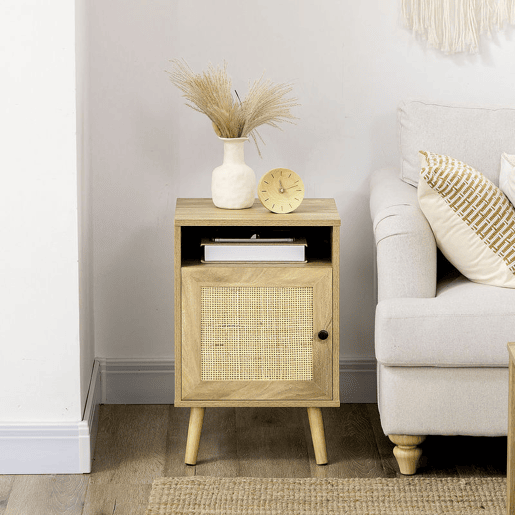 HOMCOM Mesa de Cabeceira com Porta de Vime e Compartimento Aberto Mesa Auxiliar para Dormitório Sala de Estar 39x35x60cm Madeira