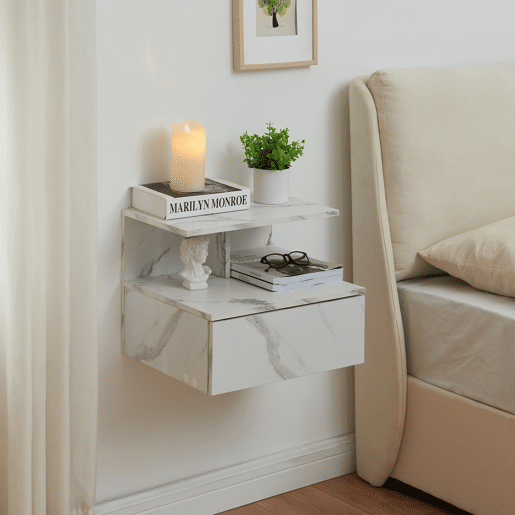 Mesa de cabeceira de parede Amberg com gaveta 40x35x31cm Aspeto mármore branco en.casa