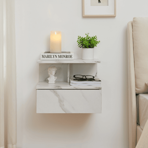 Mesa de cabeceira de parede Amberg com gaveta 40x35x31cm Aspeto mármore branco en.casa