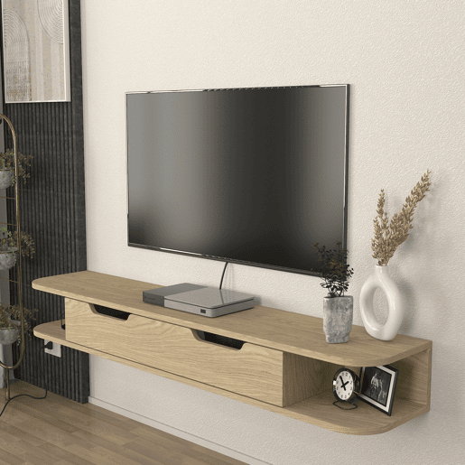 Mesa suspensa para TV Karjali com compartimentos 150x30x19 cm aspeto carvalho en.casa